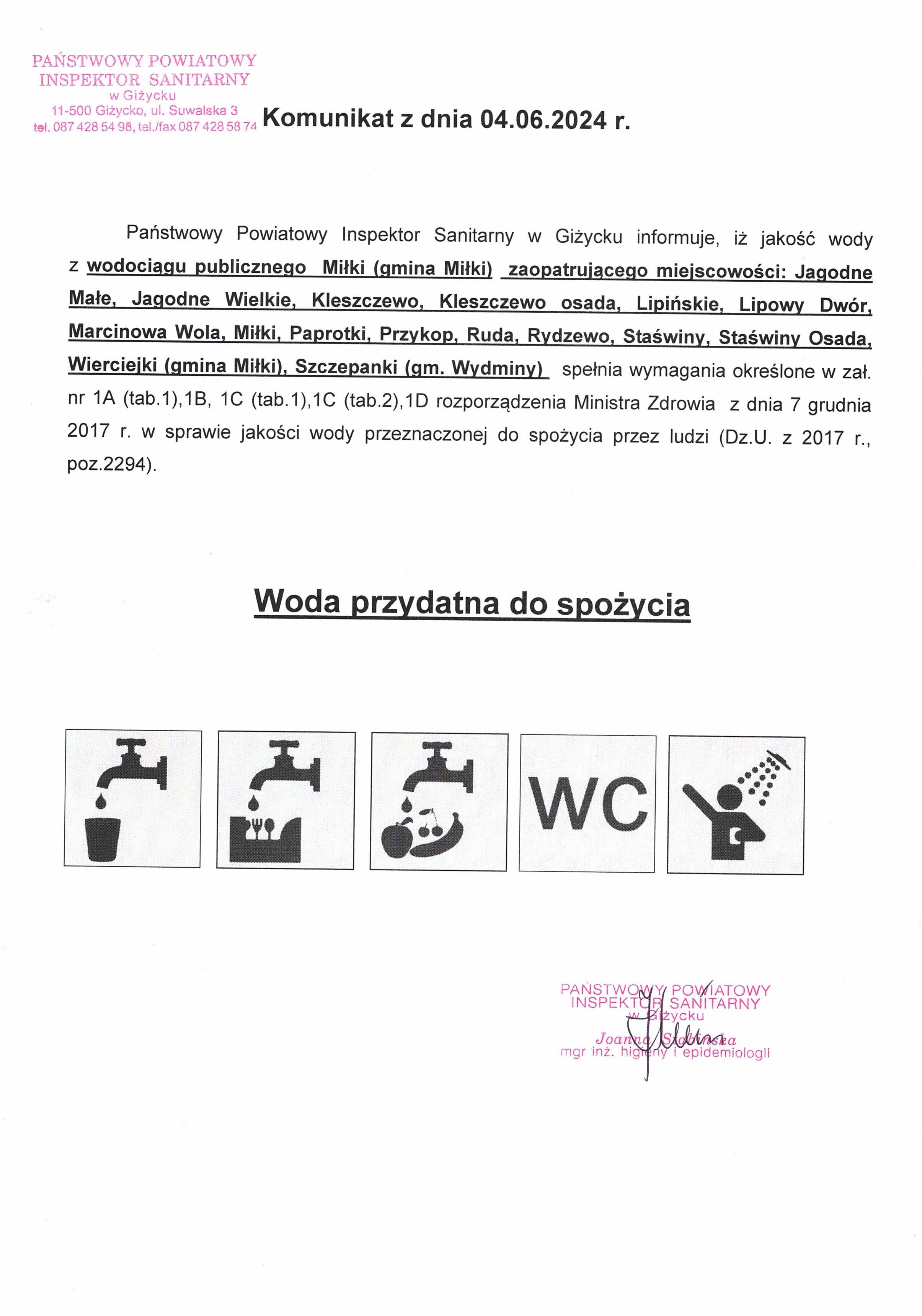 Komunikat z dnia 04.06.2024 r. (dot. wodociągu publicznego Miłki)