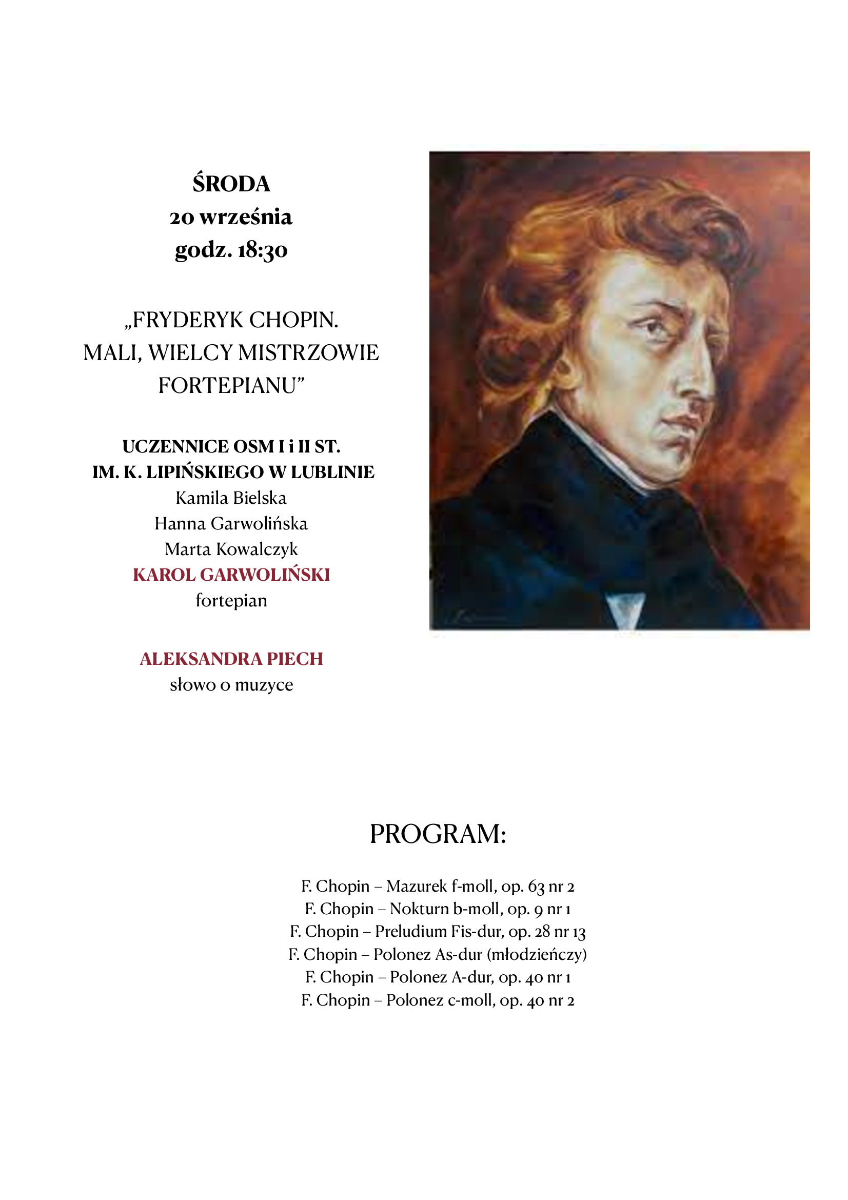 Plakat z informacją o programie koncertu i portretem Fryderyka Chopina