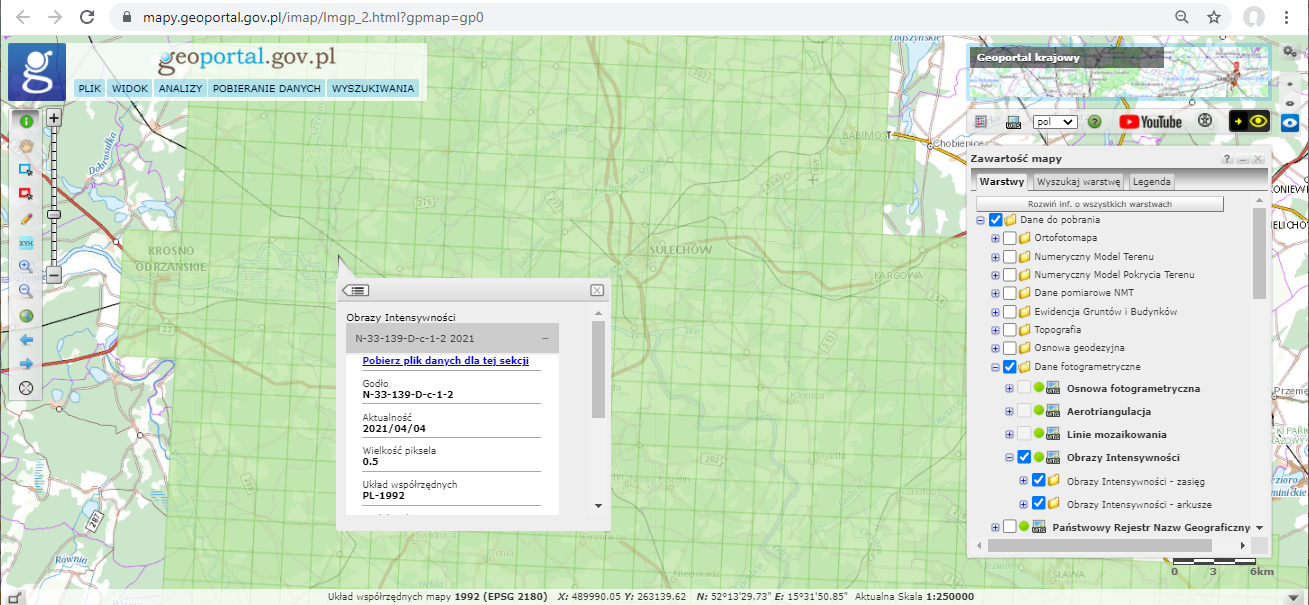 Ilustracja przedstawia zrzut ekranu z serwisu www.geoportal.gov.pl ze skorowidzami prezentującymi zakres obrazów intensywności dla części województwa lubuskiego.