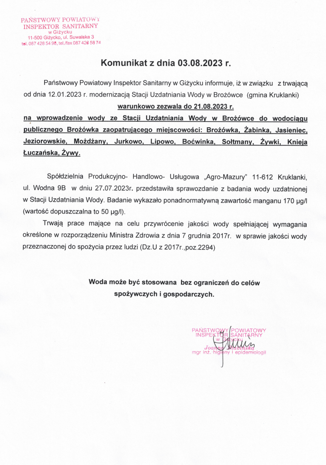Komunikat z dnia 03.08.2023 r. (dot. wodociągu publicznego Brożówka)