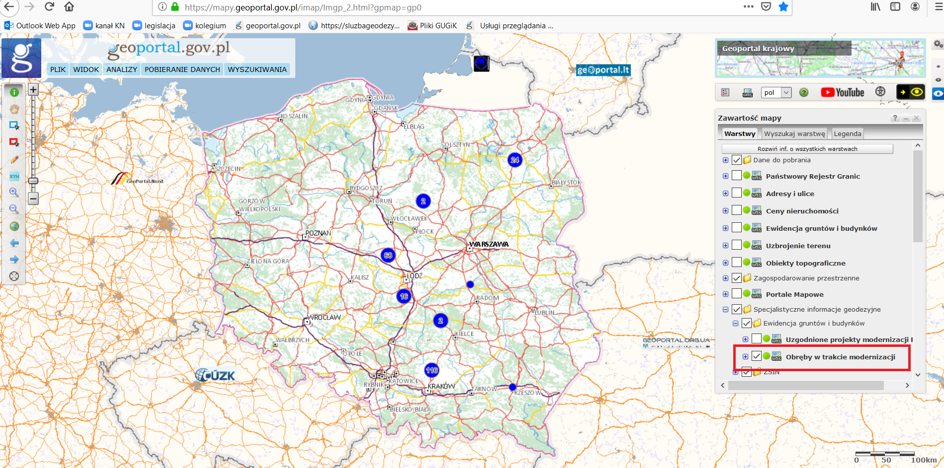 Ilustracja przedstawia zrzut ekranu z serwisu www.geoportal.gov.pl prezentujący warstwę „Obręby w trakcie modernizacji”.