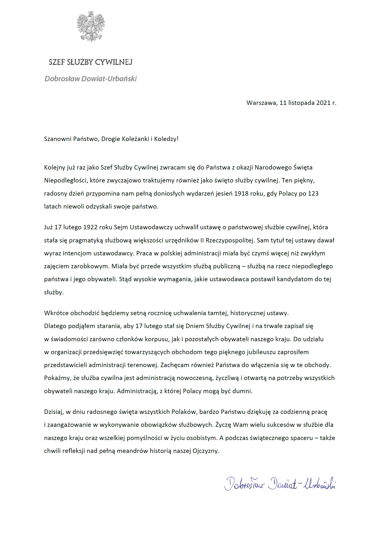 List Szefa Służby Cywilnej