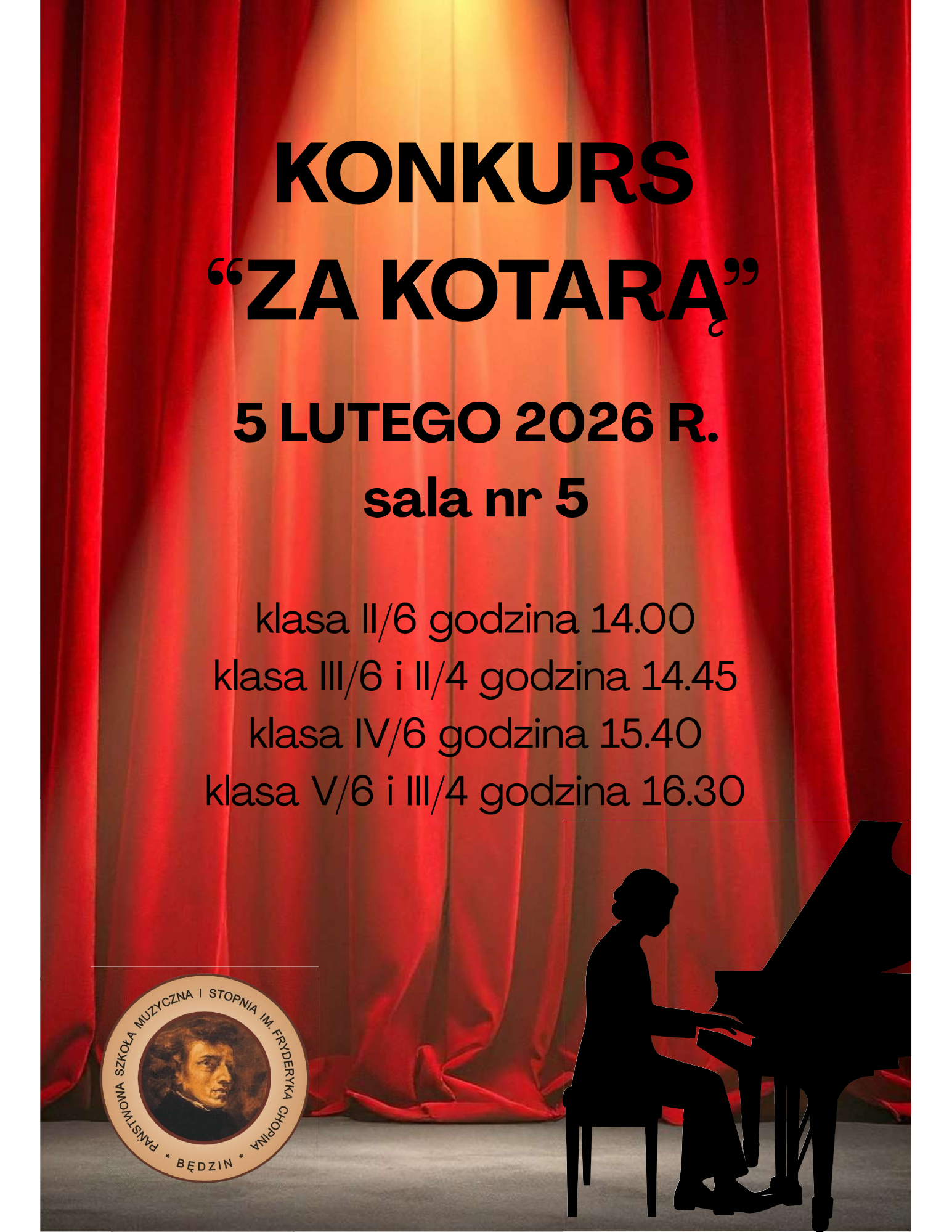 plakat z tłem czerwonej kotary, po prawej ikona pianisty przy fortepianie, na dole logo szkoły, na środku informacje o wydarzeniu