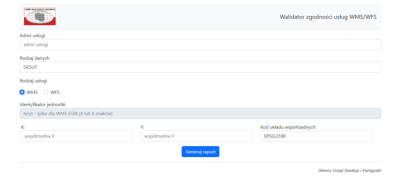 Grafika przedstawia zrzut ekranu z walidatora usług WMS/WFS dla GESUT