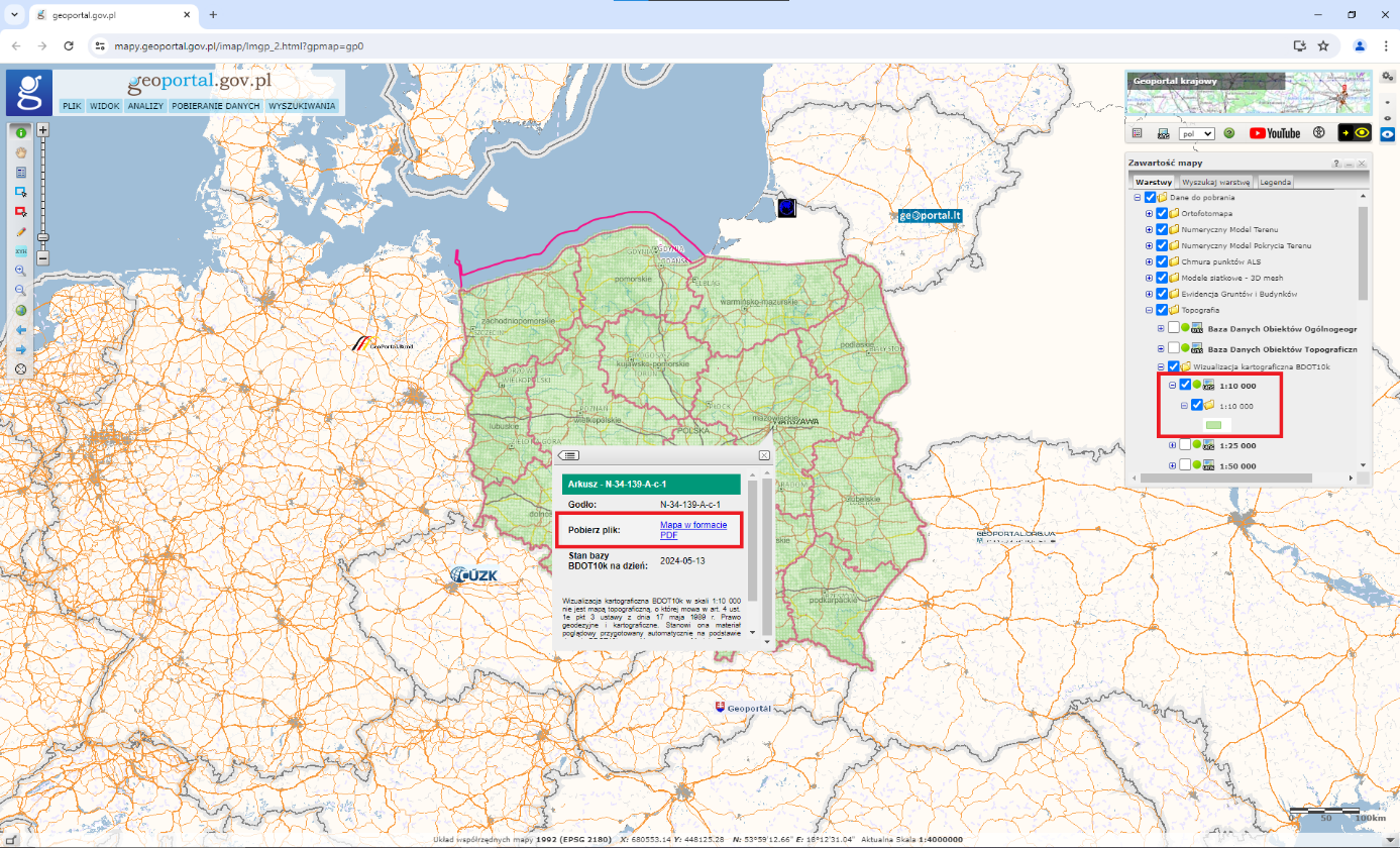 Ilustracja przedstawia zrzut ekranu z serwisu www.geoportal.gov.pl prezentujący sposób pobierania wizualizacji kartograficznych BDOT10k.