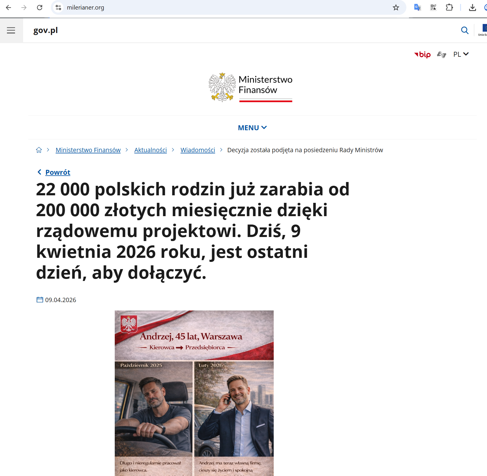 Zrzut ekranu strony internetowej stylizowanej na serwis gov.pl, z nagłówkiem informującym o wysokich zarobkach rzekomo osiąganych przez polskie rodziny i wezwaniem do dołączenia do projektu.