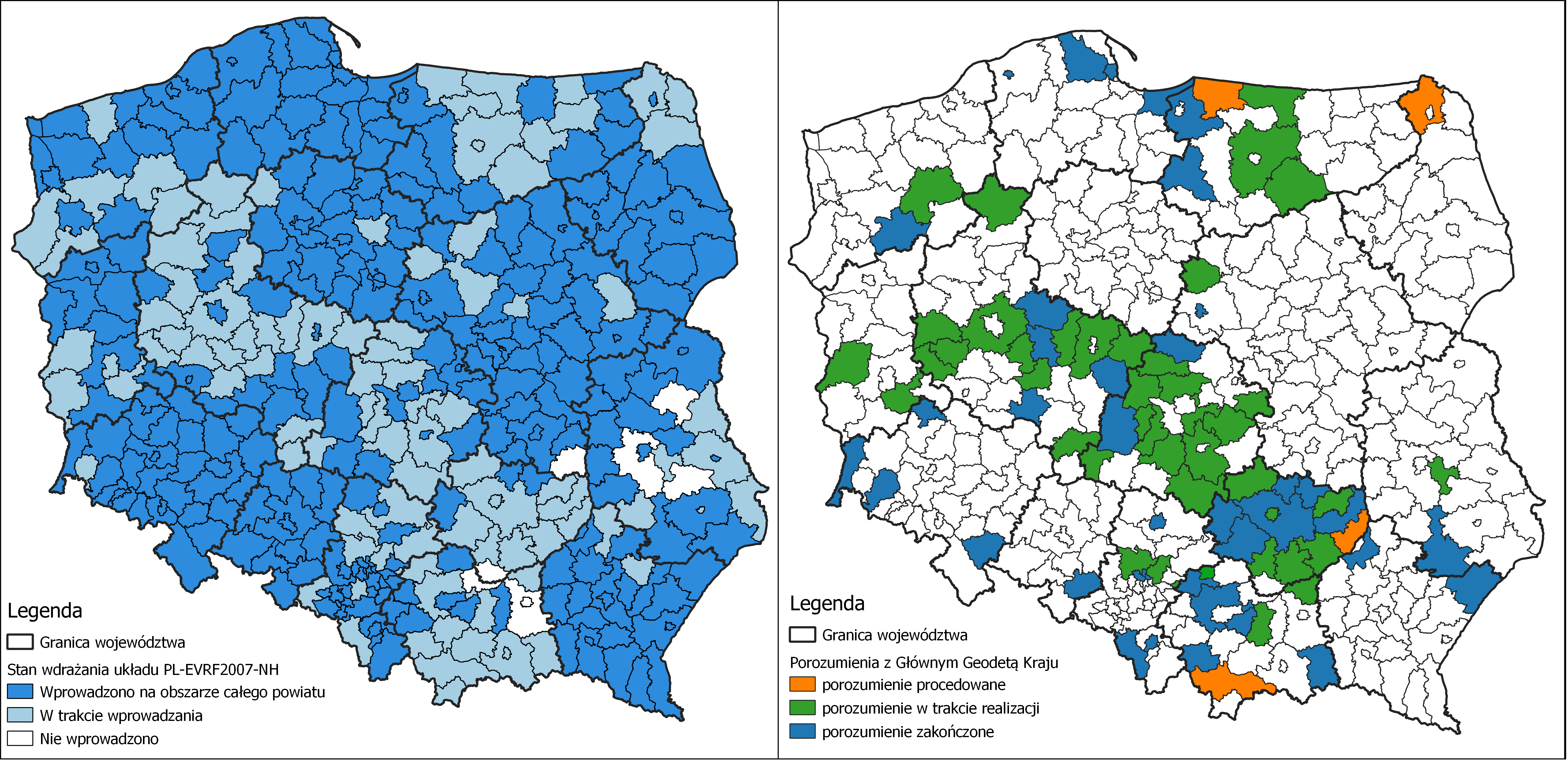 Ilustracja przedstawia zestawione obok siebie 2 mapy Polski z oznaczonym kolorystycznie: stanem wdrażania układu PL-EVRF2007-NH w powiatach po lewej stronie i powiatami, z którymi zawarte zostało porozumienie po prawej stronie.