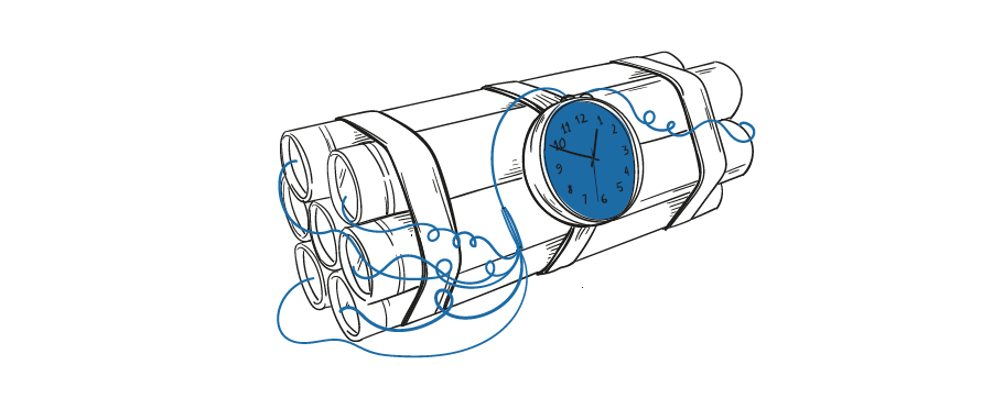 Ilustracja przedstawia wiązkę ładunków wybuchowych połączonych z zegarem i przewodami, co symbolizuje zagrożenie wybuchem lub podłożenie bomby.