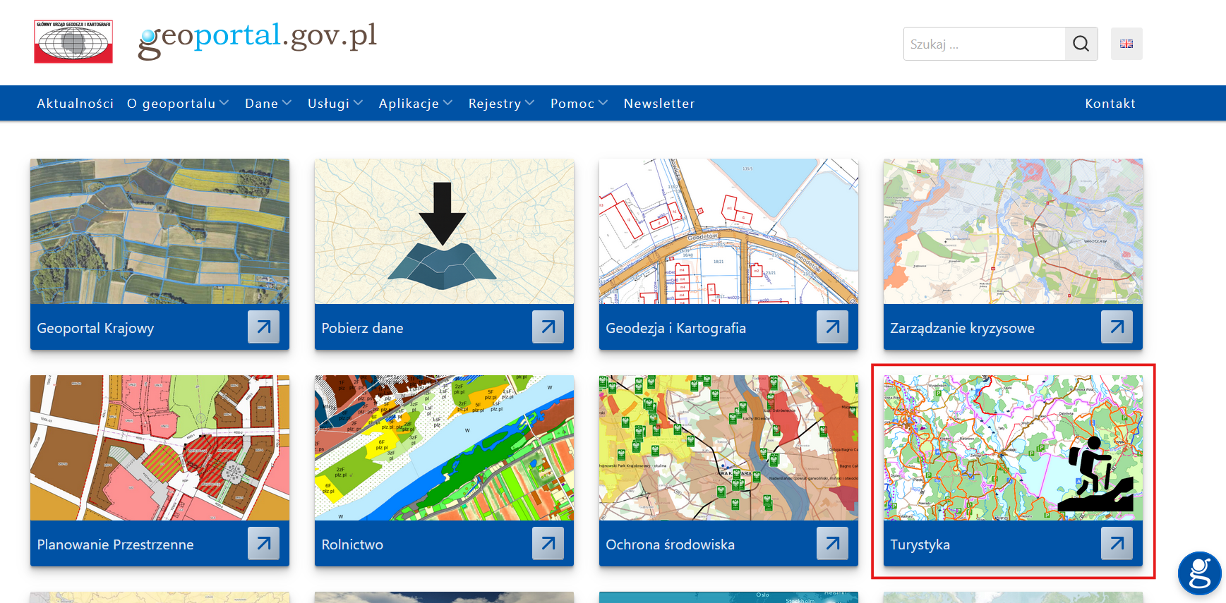 Ilustracja przedstawia stronę główną www.geoportal.gov.pl z zaznaczonym modułem "Turystyka", w którym jest dostępna nowa usługa
