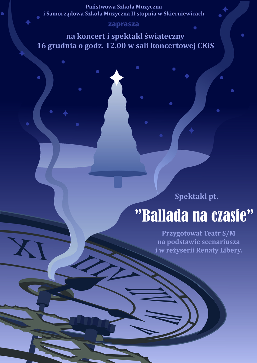 Ballada na czasie spektakl słowo muzyczny, plakat na ciemnym tle 