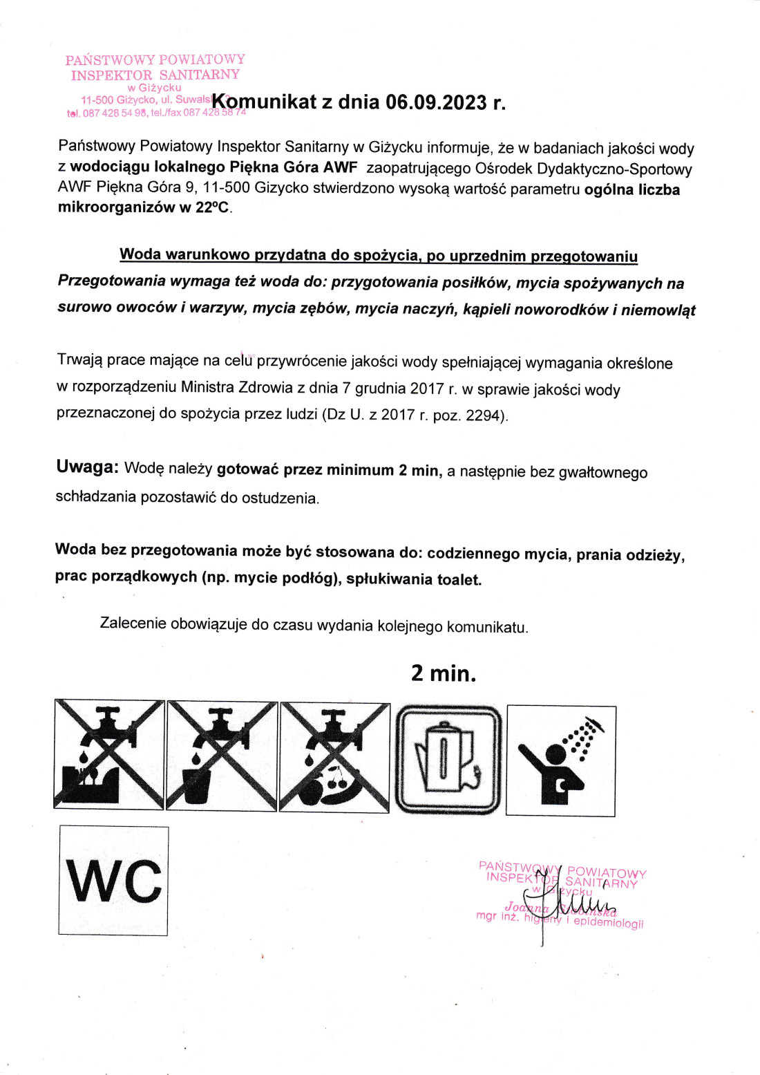 Komunikat z dnia 06.09.2023 r. (dot. wodociągu lokalnego Piękna Góra AWF)