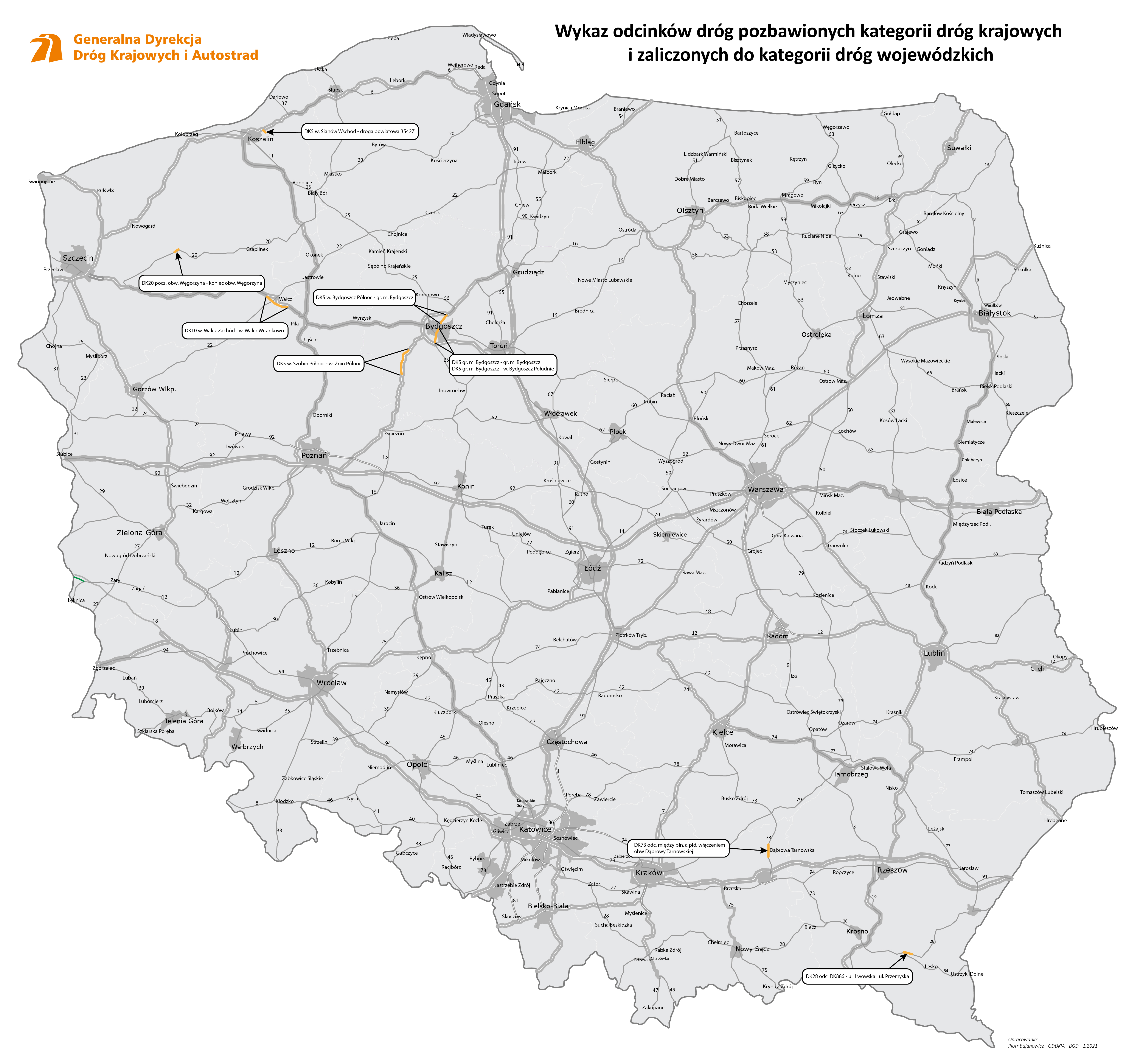 Mapa Polski z zaznaczonymi odcinkami dróg pozbawionych kategorii dróg krajowych