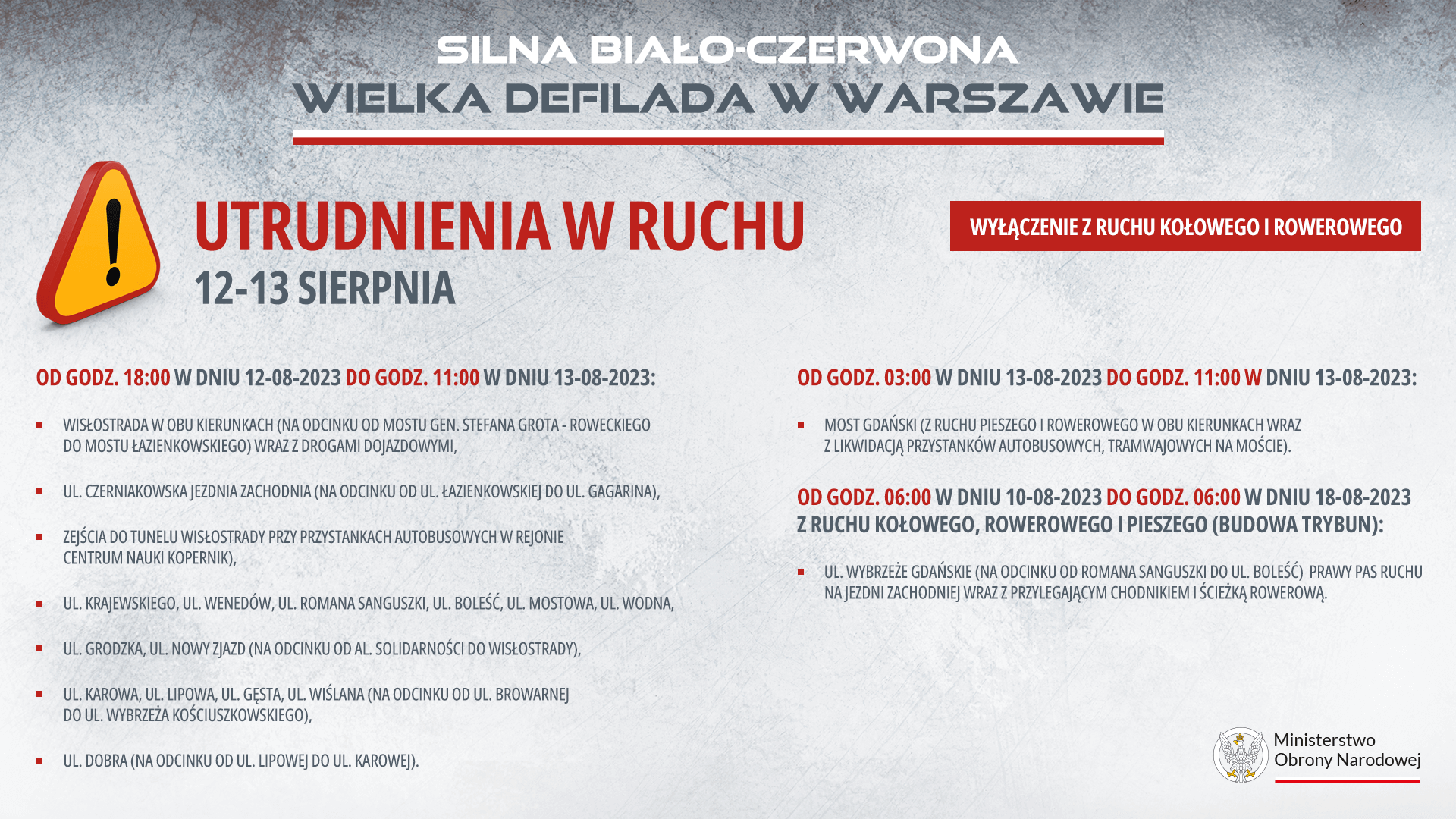 Wielka defilada Wojska Polskiego - utrudnienia komunikacyjne 12-13 sierpnia