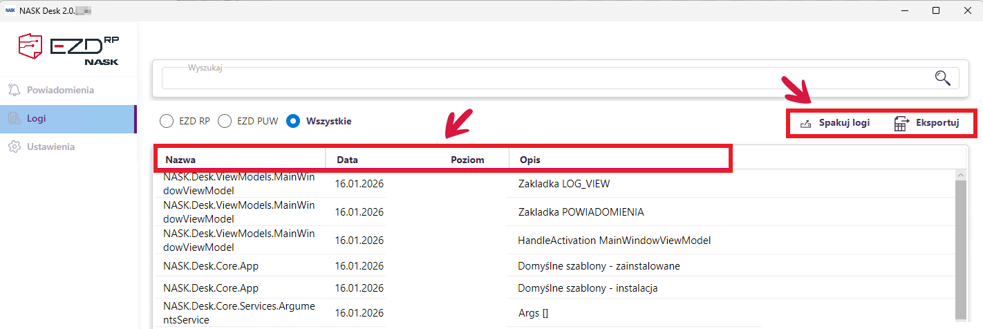 Funkcja Spakuj logi pozwala zebrać dane z wybranego dnia i dołączyć manifest środowiskowy. Dzięki temu analiza zgłoszeń serwisowych jest szybsza i dokładniejsza.