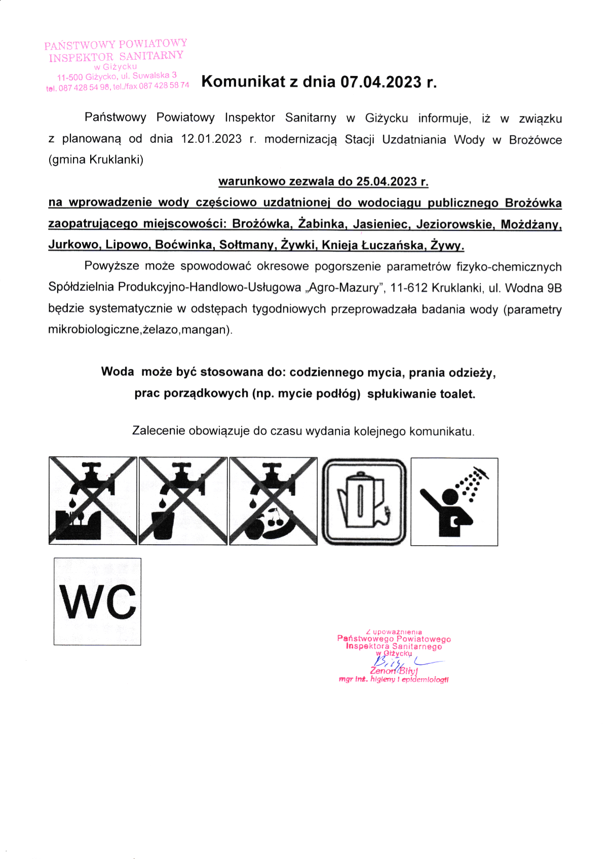 Komunikat z dnia 07.04.2023 r. (dot. wodociągu publicznego Brożówka)