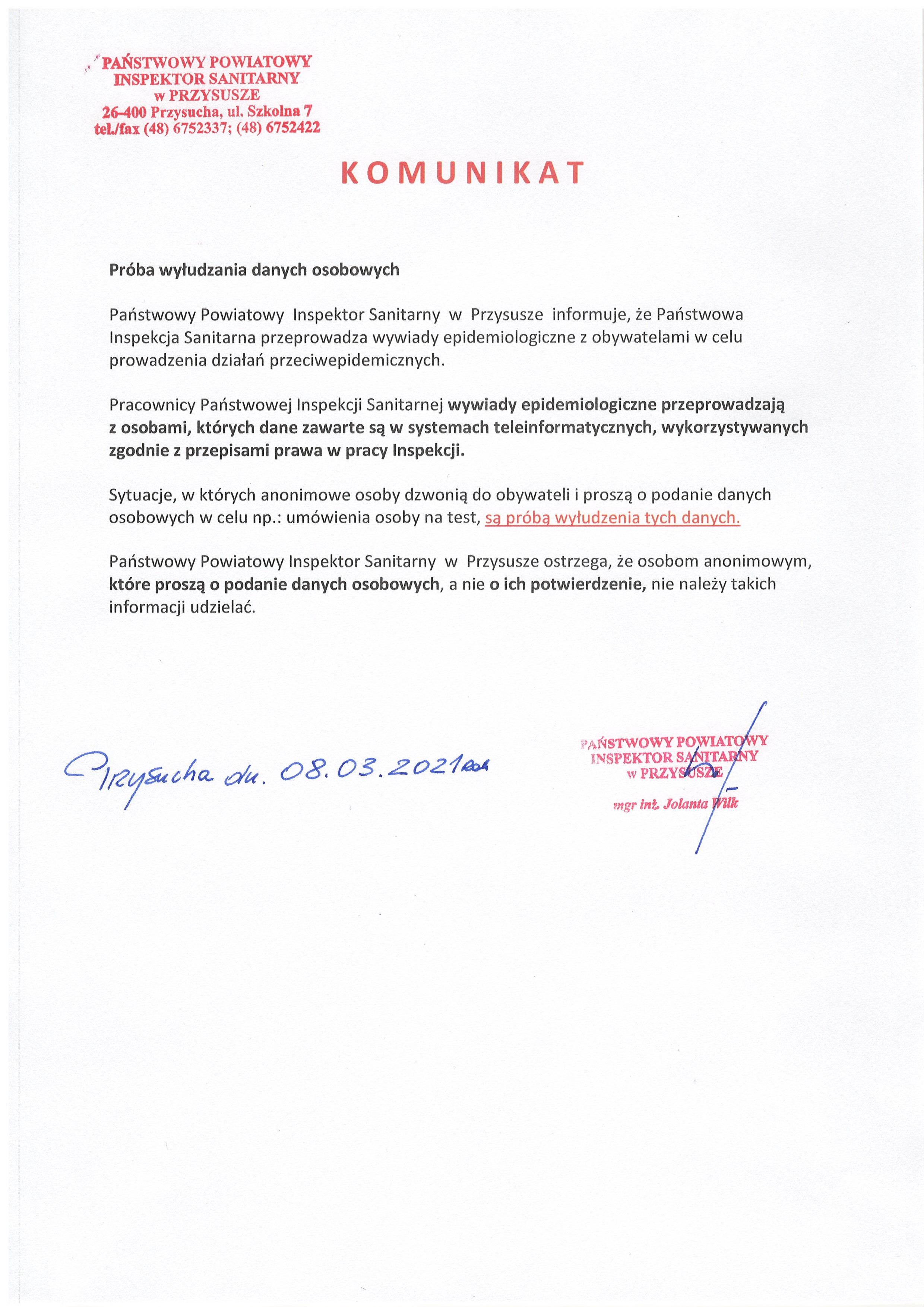 Komunikat o próbach wyłudzenia danych osobowych