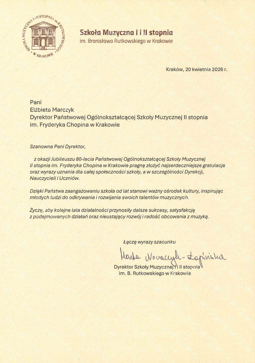 p. Marta Nowaczyk-Łapińska - dyrektor Szkoły Muzycznej I i II stopnia im. Bronisława Rutowskiego w Krakowie