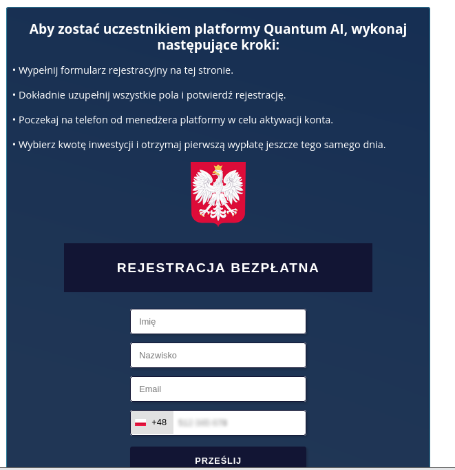 Widok formularza rejestracyjnego platformy inwestycyjnej z polskim godłem, polami do wpisania imienia, nazwiska, adresu e‑mail i numeru telefonu oraz przyciskiem „Rejestracja bezpłatna”.