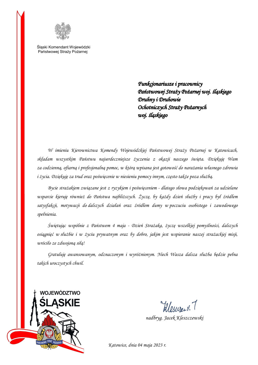 treść życzeń śląskiego komendata wojewódzkiego PSP z okazji dnia strażaka