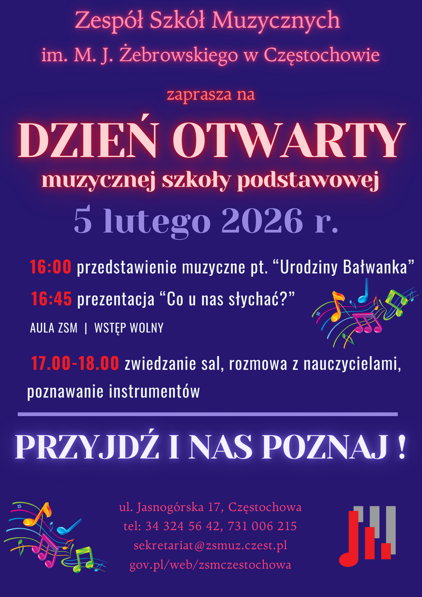 Granatowe tło, grafika kolorowych nut, logo szkoły, tekst dotyczący dnia otwartego muzycznej szkoły podstawowej 5 lutego 2026 r.