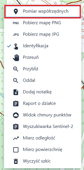 Rysunek przedstawia lokalizację opcji Pomiar współrzędnych