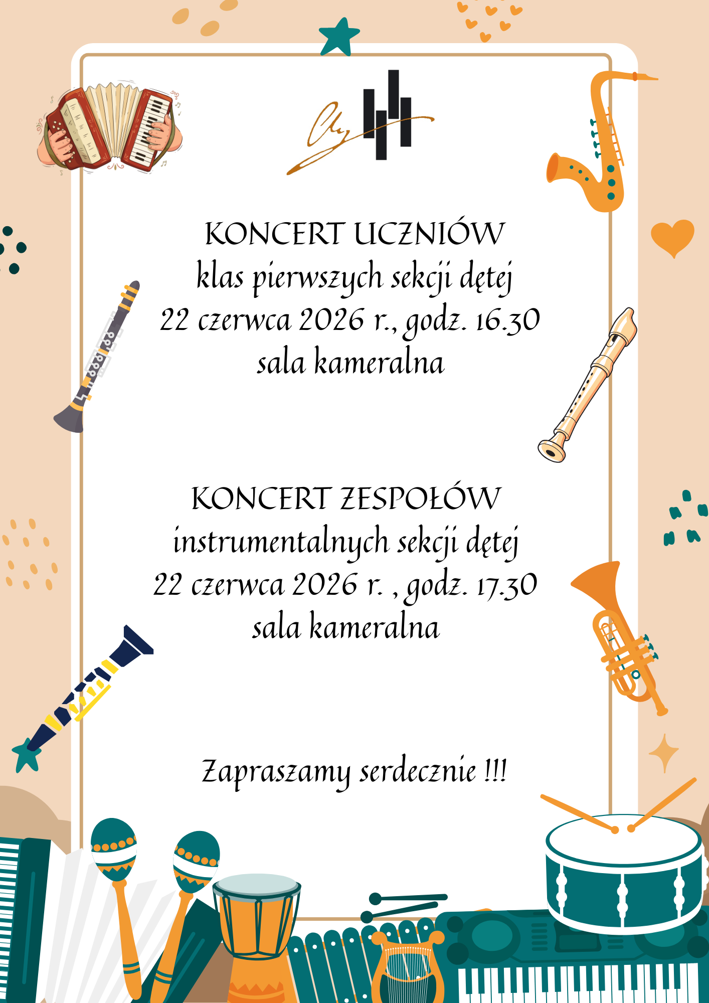 Plakat w jasnych, beżowo-białych barwach, ozdobiony kolorowymi, rysunkowymi ilustracjami instrumentów muzycznych (m.in. akordeon, saksofon, klarnet, flet, trąbka, bębny, marakasy). Na górze znajduje się eleganckie, czarno-złote logo szkoły muzycznej. Centralną część zajmuje czytelny tekst w języku polskim, zapraszający na dwa wydarzenia muzyczne, które odbędą się tego samego dnia.