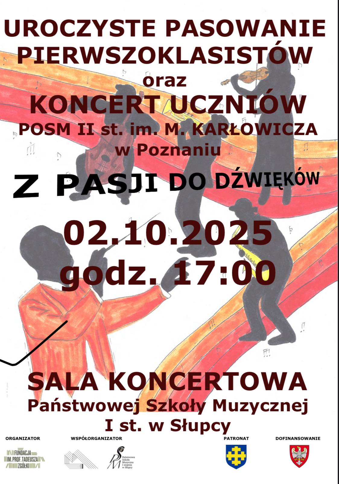informacja o pasowaniu pierwszoklasistów i o koncercie, , białe tło a na nim grafika kilku ciemnych sylwetek grających na instrumentach osób, poniżej logo sponsorów
