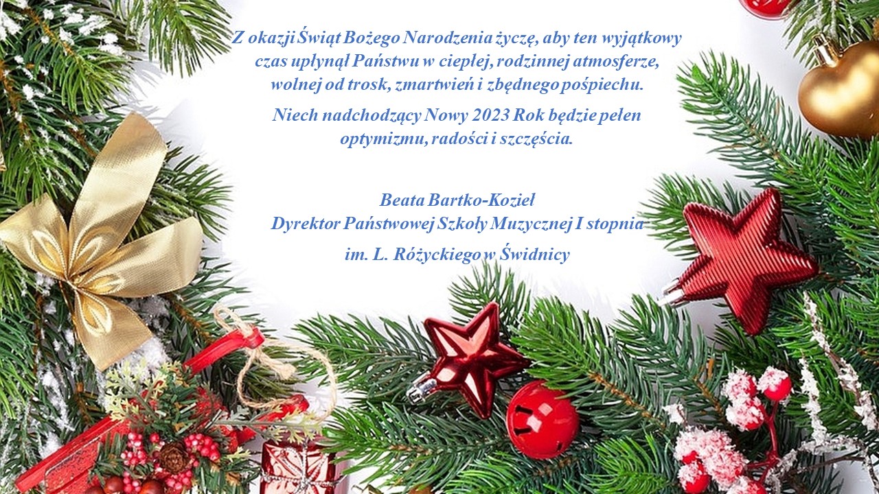 Zdjęcie przedstawia na środku napisy z życzeniami świątecznymi w kolorze w kolorze niebieskim na białym tle. Na krawędziach zdjęcia znajdują się obrazki elementów stoików choinkowych : bombki , gwiazdki kokardki i prezenty. Wszystko zawieszone na zielonych gałązkach choinki.
