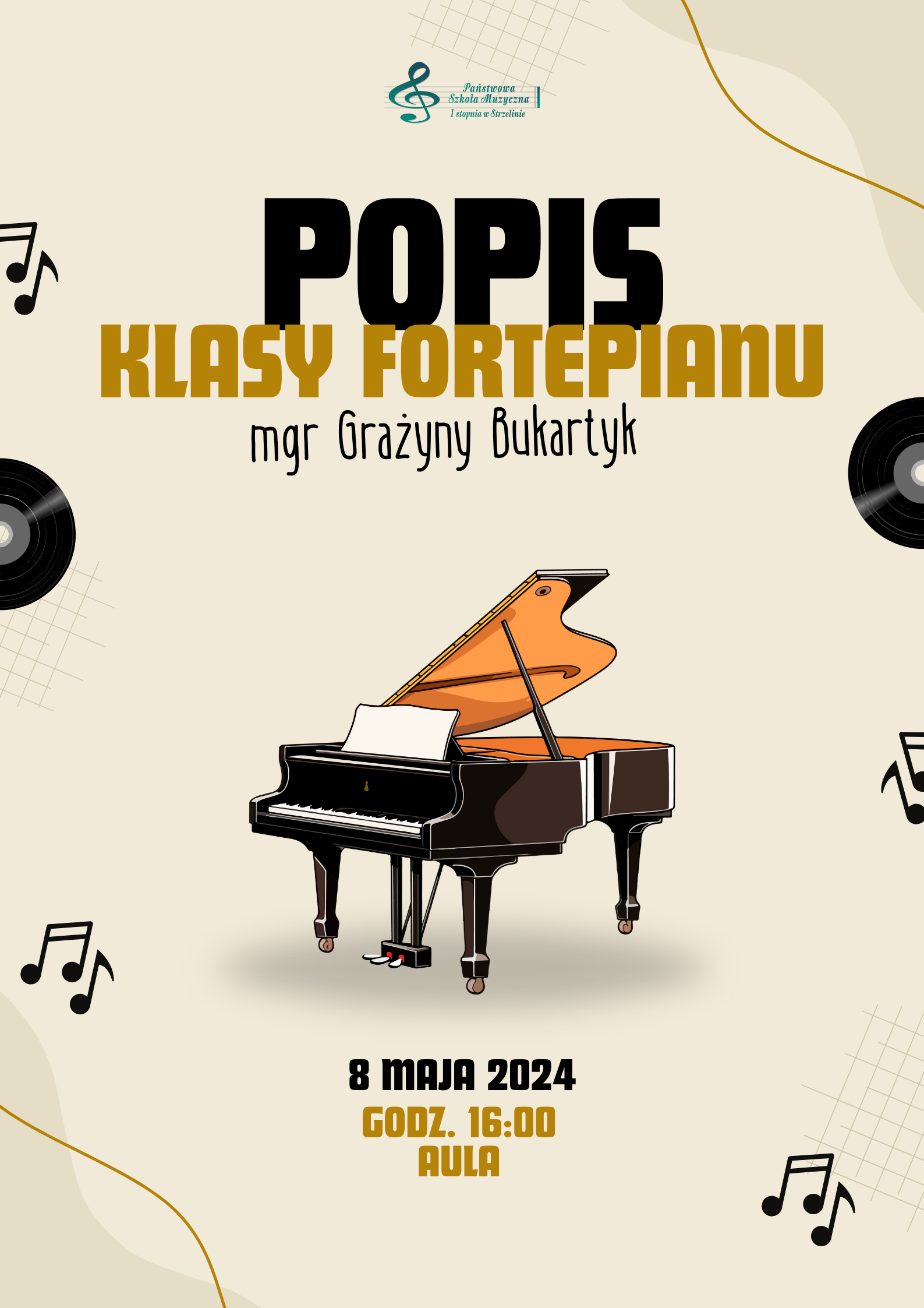 Na beżowym tle z grafikami nut oraz fortepianu umieszczone zostały informacje dotyczące wydarzenia.