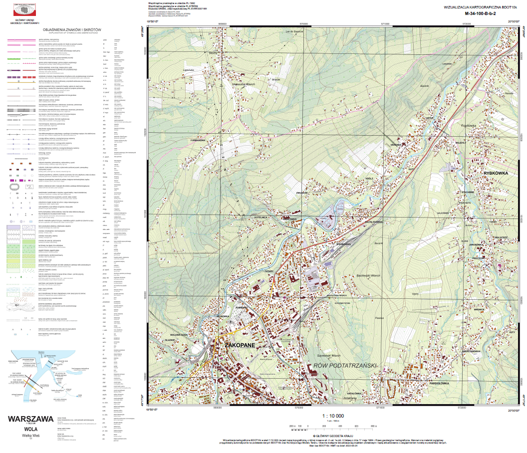 Ilustracja przedstawia zrzut ekranu z przykładową wizualizacją kartograficzną BDOT10k w skali 1:10 000 dla obszaru Zakopanego.