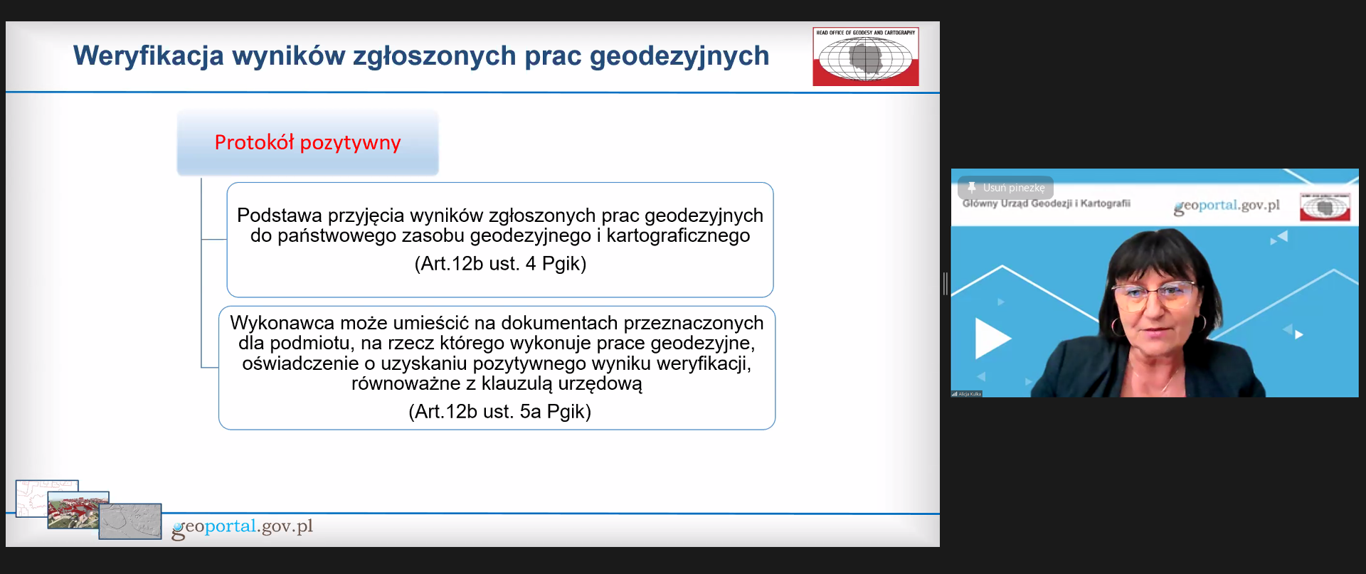 Zrzut ekranu z programu ZOOM. Po lewej fragment prezentacji, a po prawej Alicja Kulka, p.o. Główny Geodeta Kraju podczas szkolenia dla weryfikatorów. 
