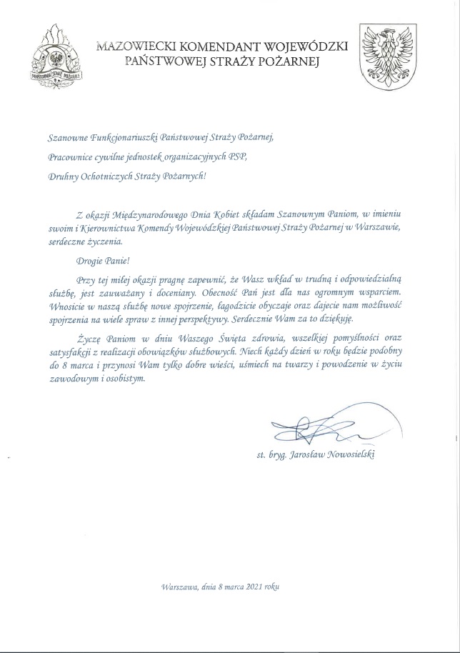 Życzenia Komendanta Wojewódzkiego PSP w Warszawie