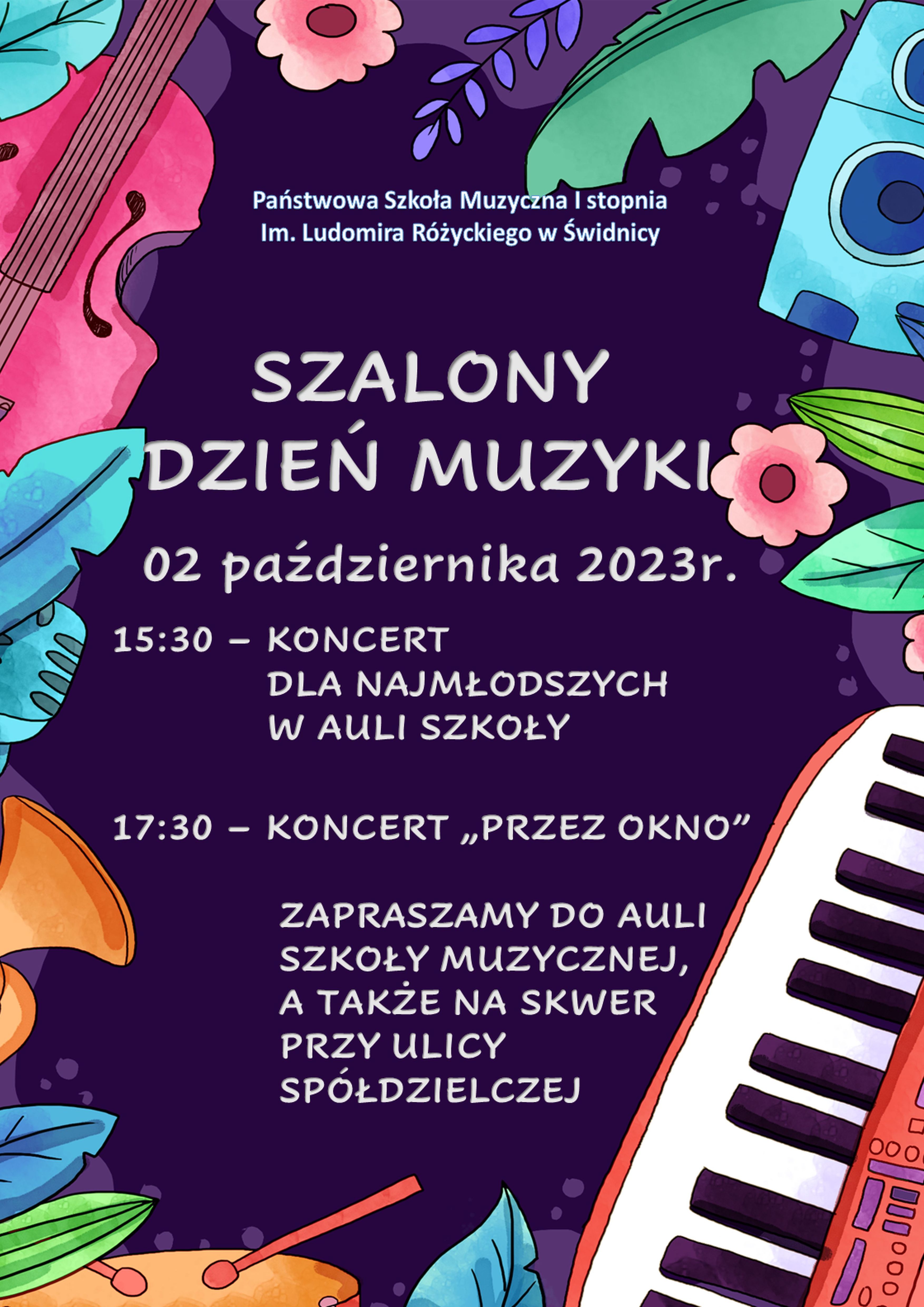 Plakat informujący o koncertach z okazji Międzynarodowego Dnia muzyki. Grafika przedstawia kolorowe rysunki instrumentów muzycznych na około plakatu po środku na granatowym napisy w kolorze białym.