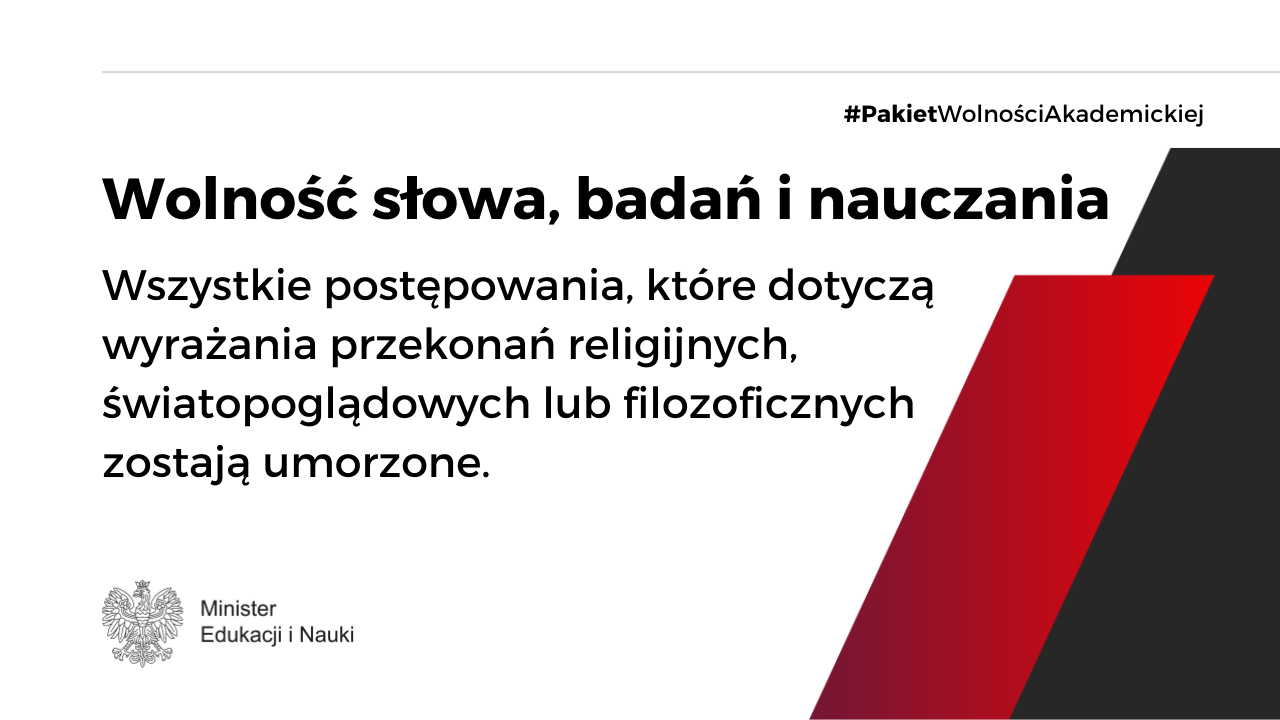 Grafika z napisem Pakiet Wolności Akademickiej - wszystkie postępowania dotyczące przekonań religijnych, światopoglądowych lub filozoficznych zostają umorzone.