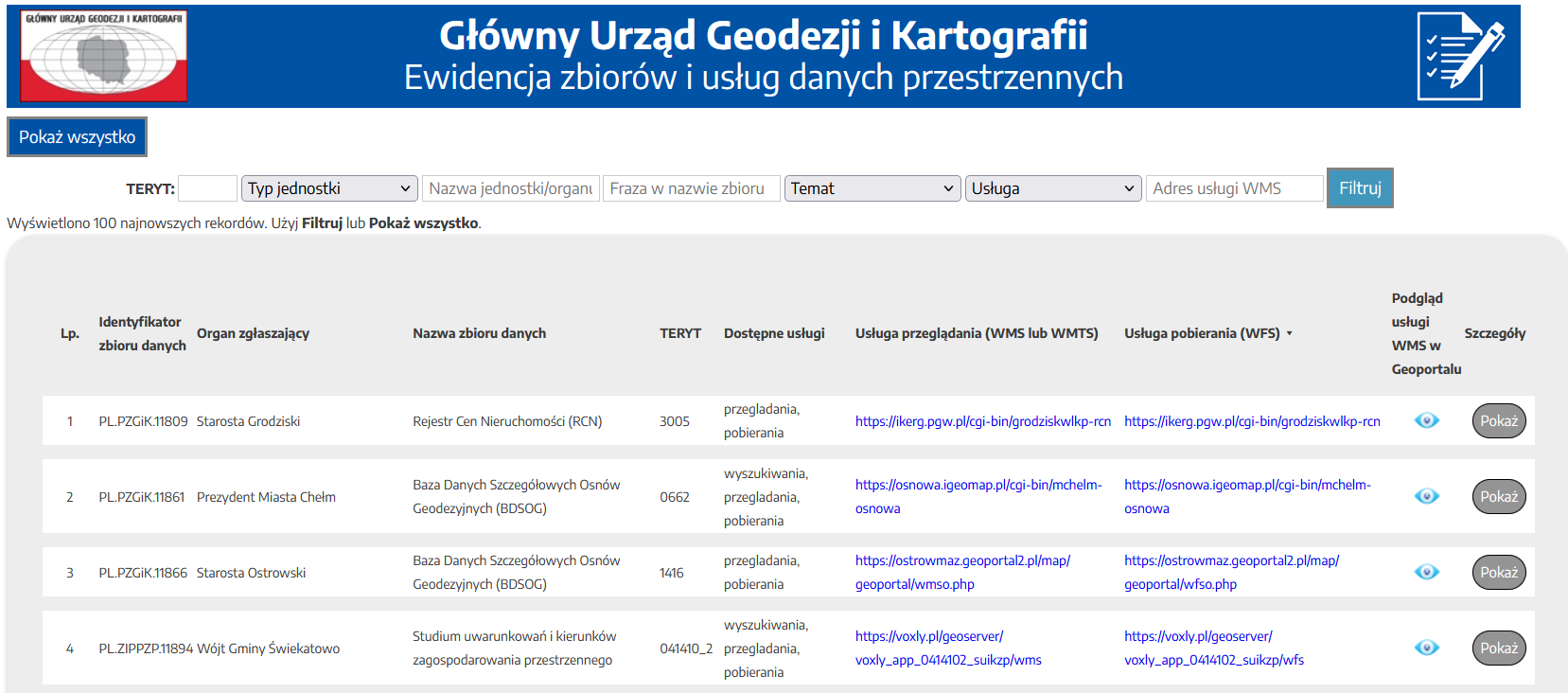 Ilustracja przedstawia stronę Ewidencji Zbiorów i Usług Danych Przestrzennych (EZiUDP)