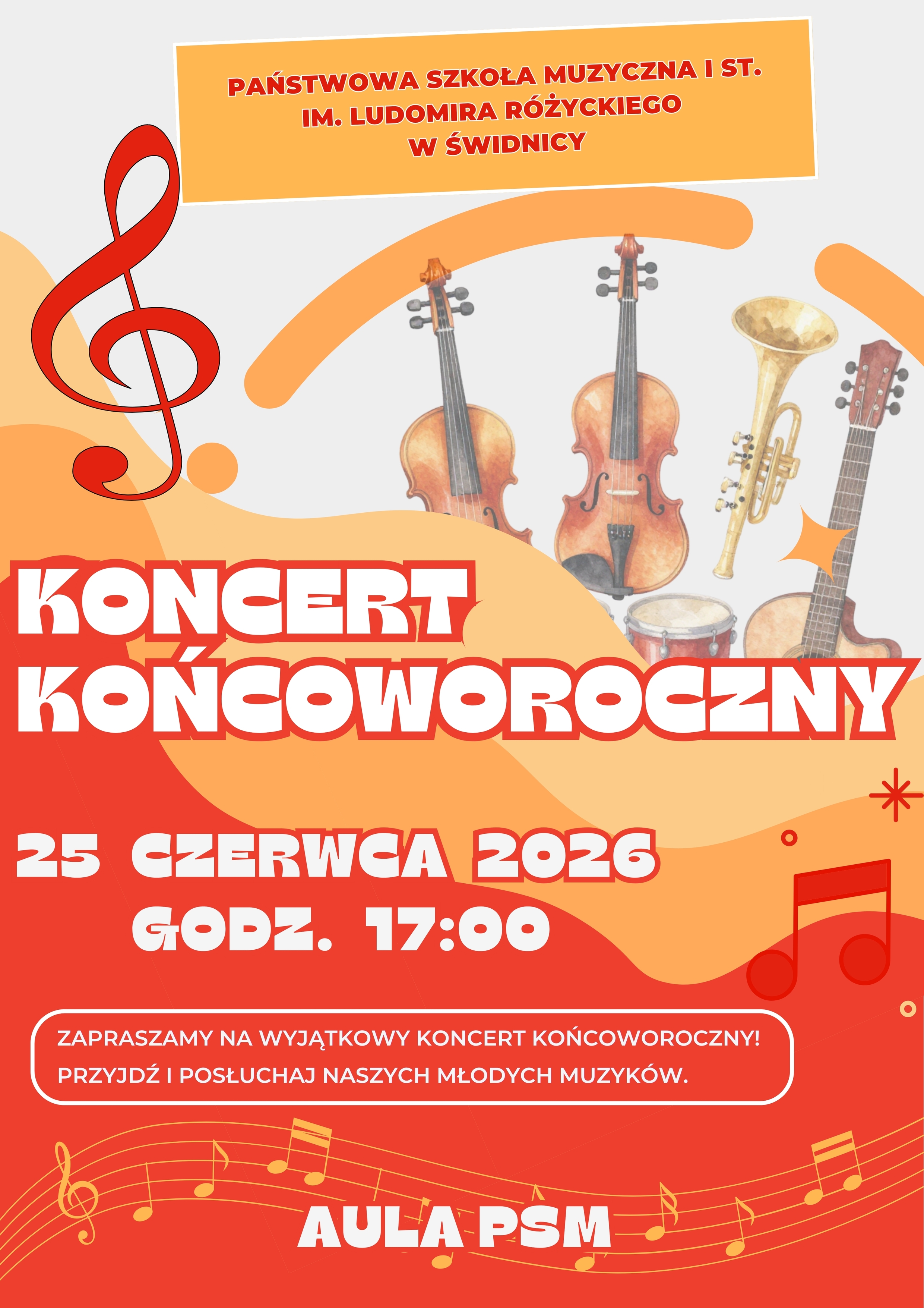 Plakat w kolorach czerwono-żółto-pomarańczowym. Na górze po lewej ikonografia instrumentów muzycznych, po lewej czrwony klucz wiolinowy. Na tym tle Drukowane białe napisy informujące o koncercie.