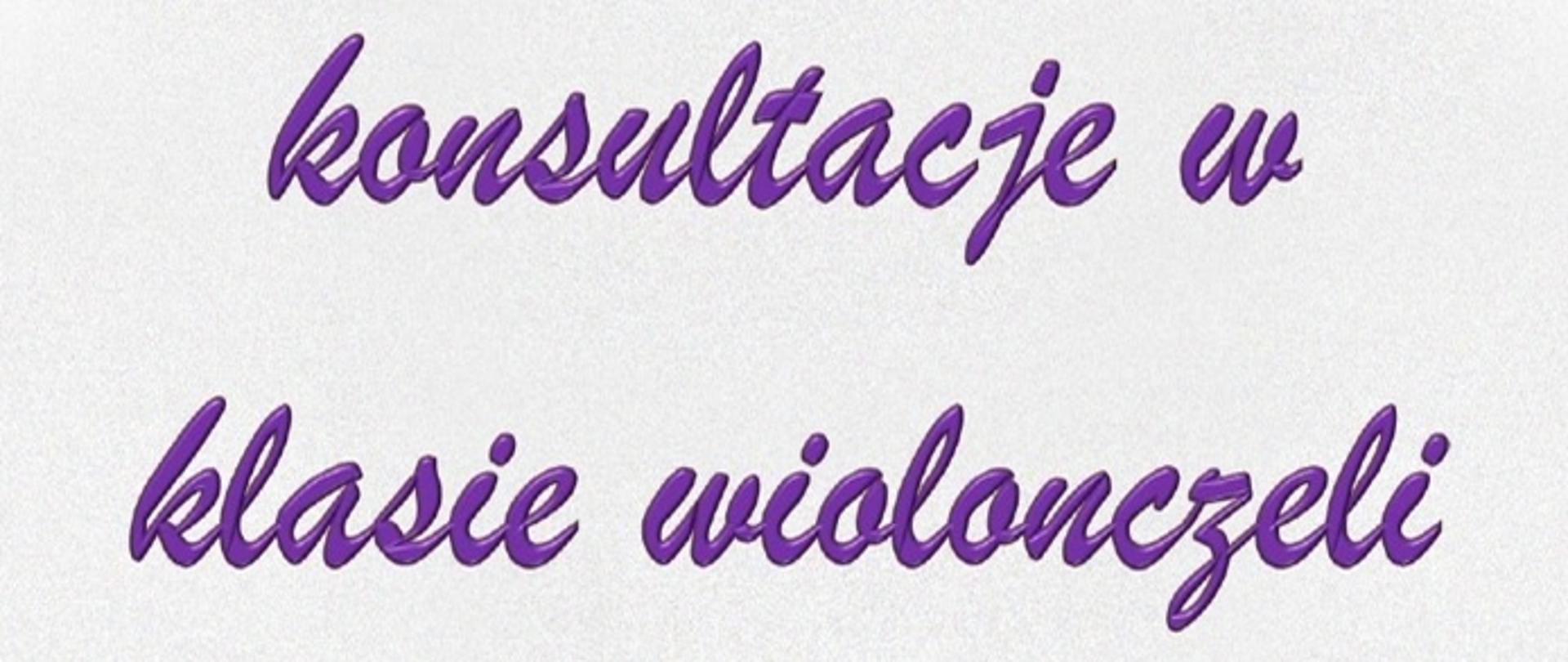 Fioletowy napis konsultacje w klasie wiolonczeli na białym tle