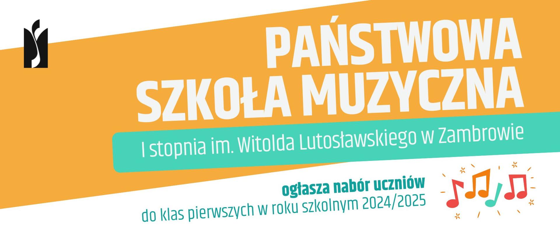 Na biało pomarańczowym plakacie w lewym górnym rogu jest umieszczone logo szkoły muzycznej w Zambrowie. Od góry umieszczony jest tekst dużymi drukowanymi literami nazwa szkoły a poniżej na białym tle informacja o naborze. W prawym dolnym rogu są kolorowe nutki.