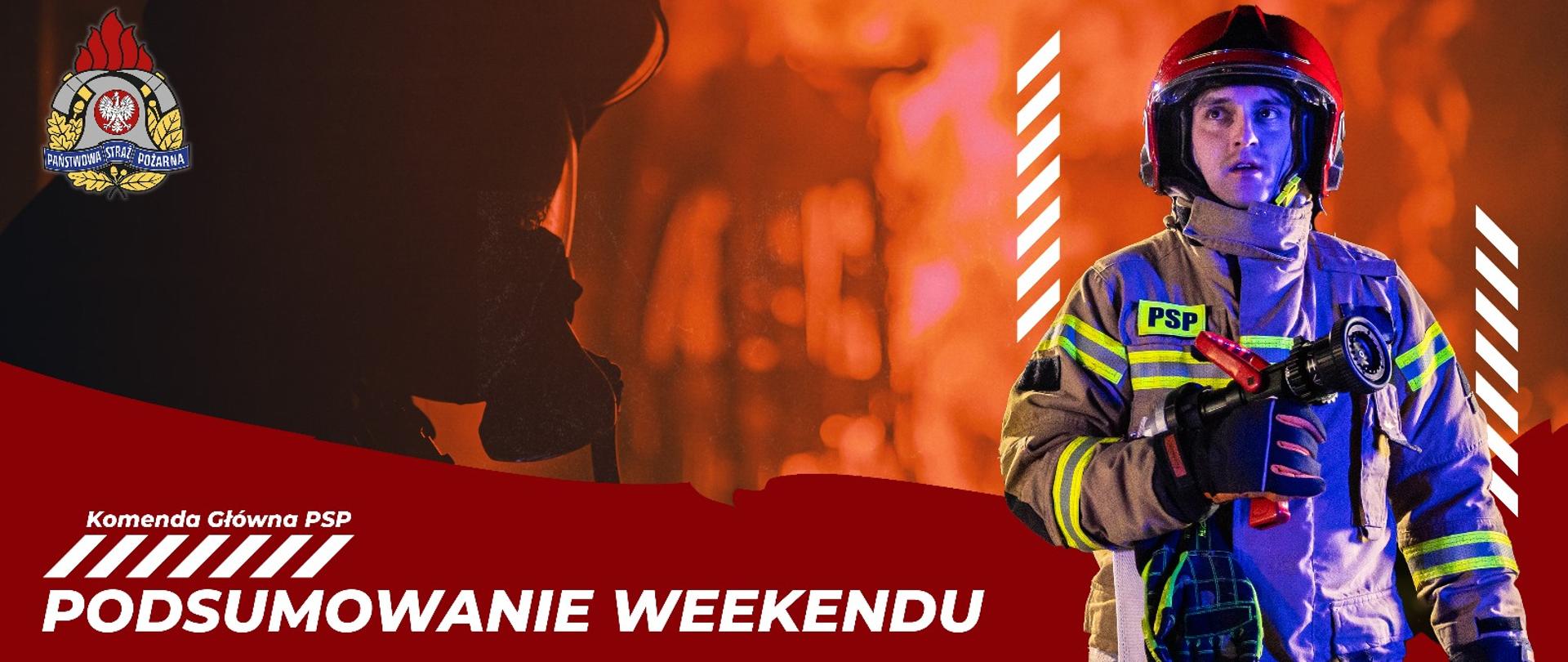 Logotyp zawierający w górnej lewej części logo Państwowej Straży Pożarnej, w dolnej lewej części napis informujący o podsumowaniu weekendu. Po prawej stronie wizerunek strażaka w ubraniu specjalnym, rękawicach, hełmie. Strażak trzyma w prawej dłoni prądownicę podpiętą do linii wężowej.