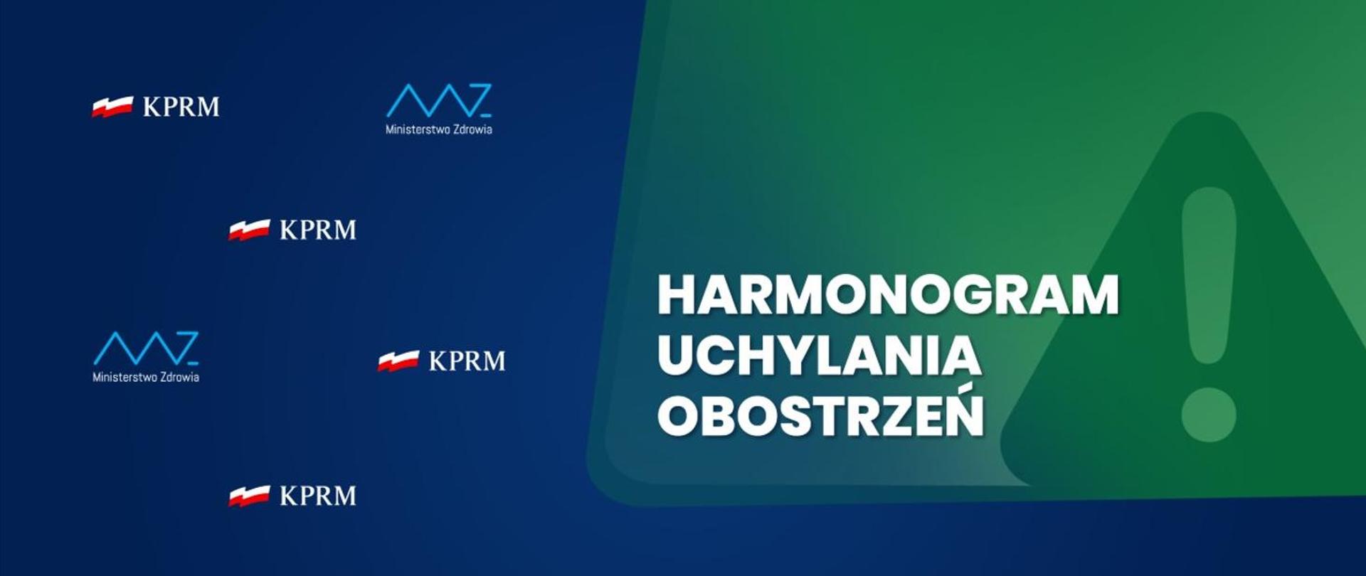 Grafika granatowo zielona z logo KPRM i Ministerstwa Zdrowia informująca o luzowaniu obostrzeń