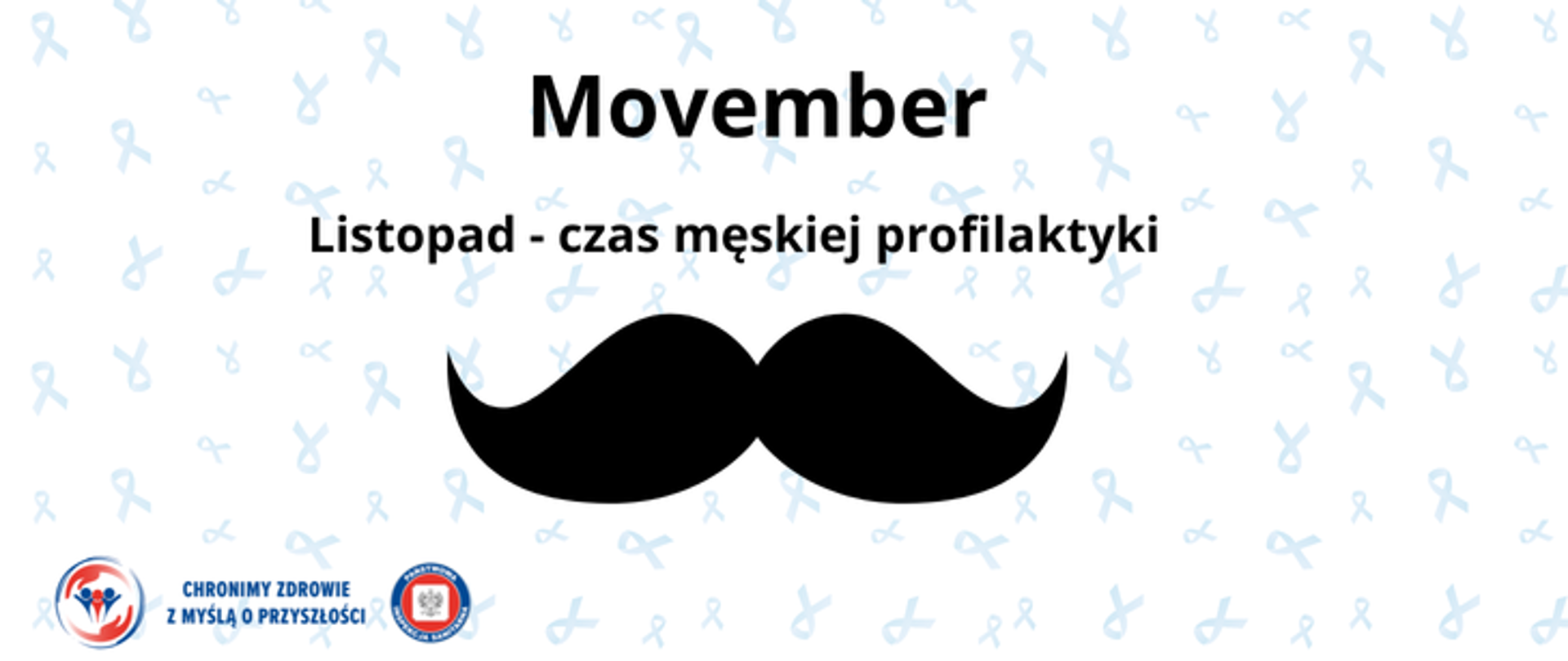 Na białym tle z niebieskimi wstążeczkami na środku czarne wąsy. Powyżej napis Movember. Listopad - czas męskiej profilaktyki. W lewym dolnym rogu logo Państwowej Inspekcji Sanitarnej wraz z hasłem Chronimy zdrowie z myślą o przyszłości. 