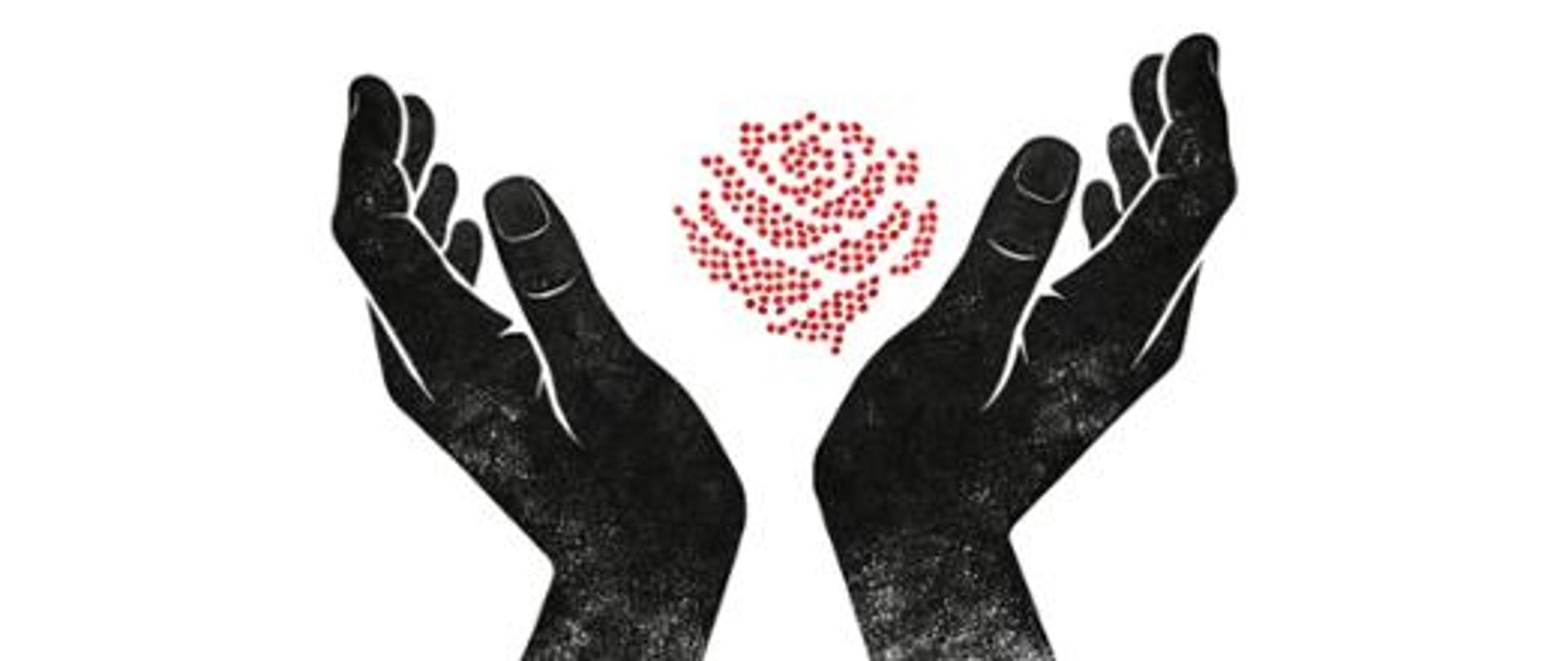 Grafika przedstawia dwie uniesione, czarne dłonie skierowane ku sobie, między którymi znajduje się czerwony motyw roślinny przypominający różę