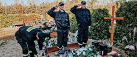 Strażacy oddają hołd stojąc przy grobach.