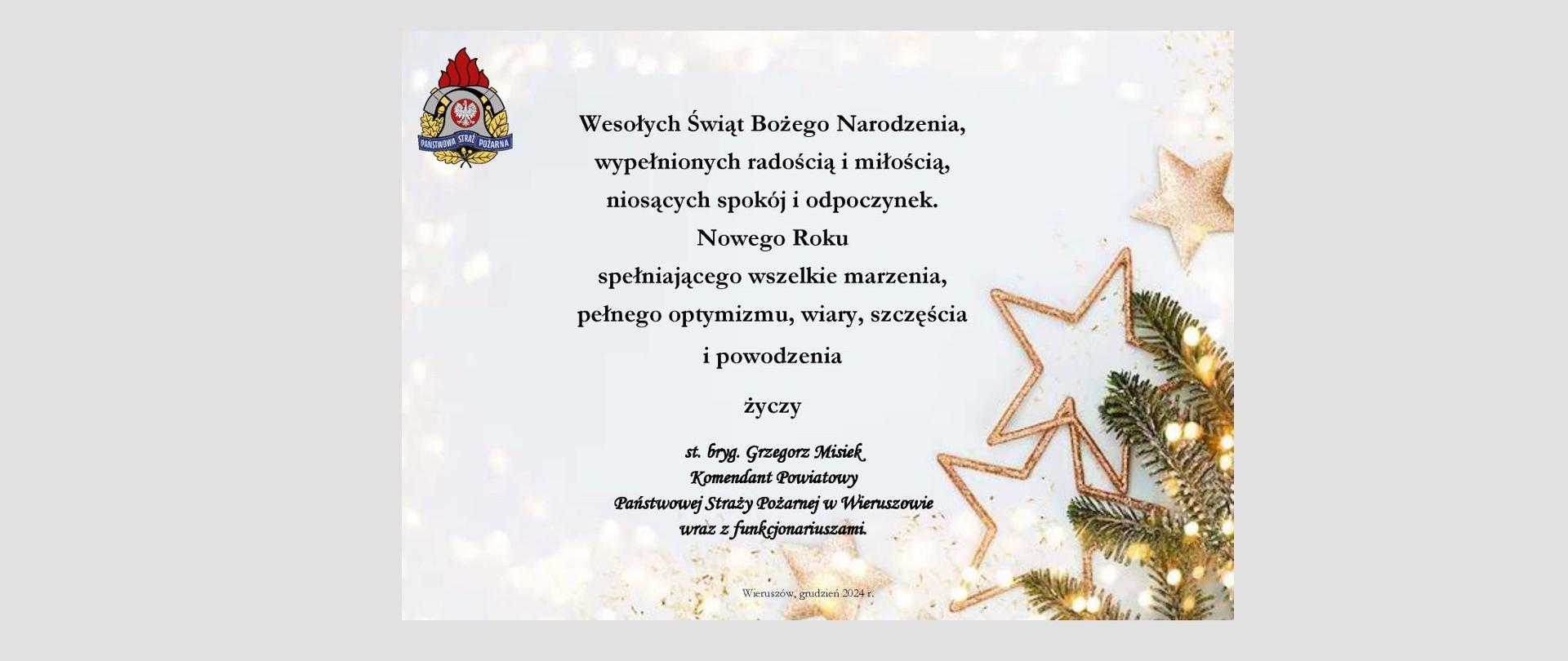 Wesołych Świąt Bożego Narodzenia, wypełnionych radością i miłością, niosących spokój i odpoczynek. Nowego Roku spełniającego wszelkie marzenia, pełnego optymizmu, wiary, szczęścia i powodzenia życzy st. bryg. Grzegorz Misiek Komendant Powiatowy PSP w Wieruszowie wraz z funkcjonariuszami.
