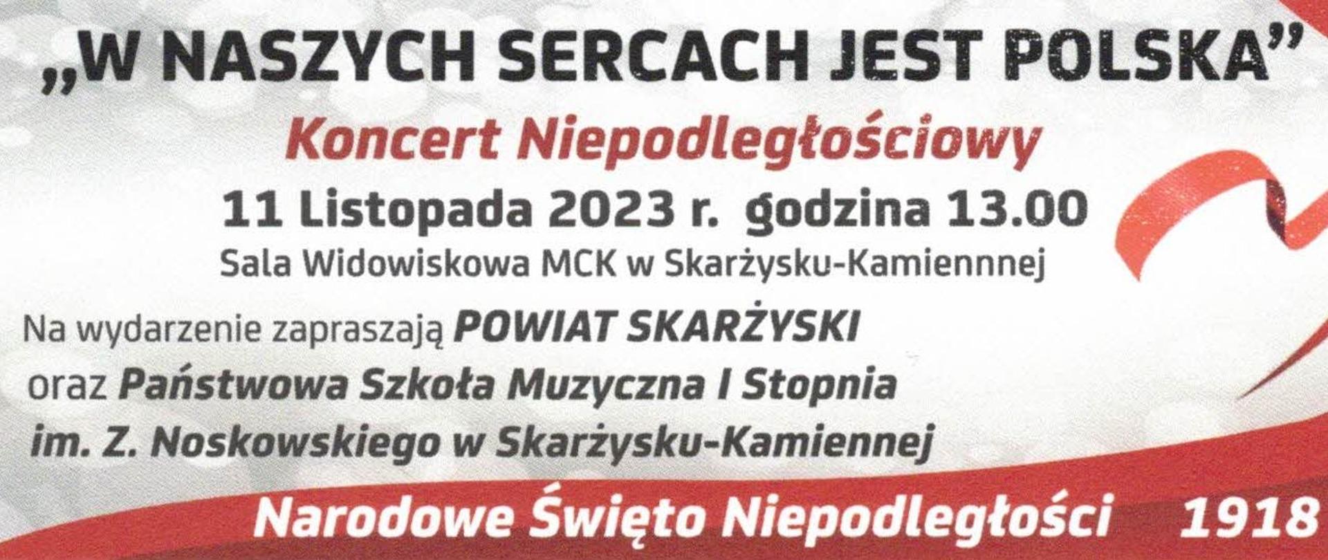 Zaproszenie na Koncert Niepodległościowy biało czerwone tło