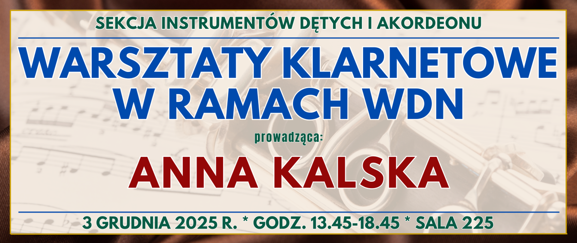 baner z brązową ramką w tle półprzezroczysty klarnet leżący na nutach oraz informacja o wydarzeniu