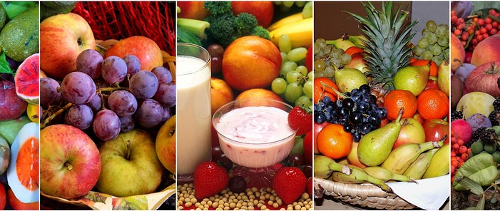 Po lewej stronie zdjęcia widoczne są winogrona oraz jabłka. Na środku zdjęcia widoczne są truskawki oraz szklanka mleka. Po prawej stronie zdjęcia widoczne są gruszki, mandarynki, winogrona oraz ananas.