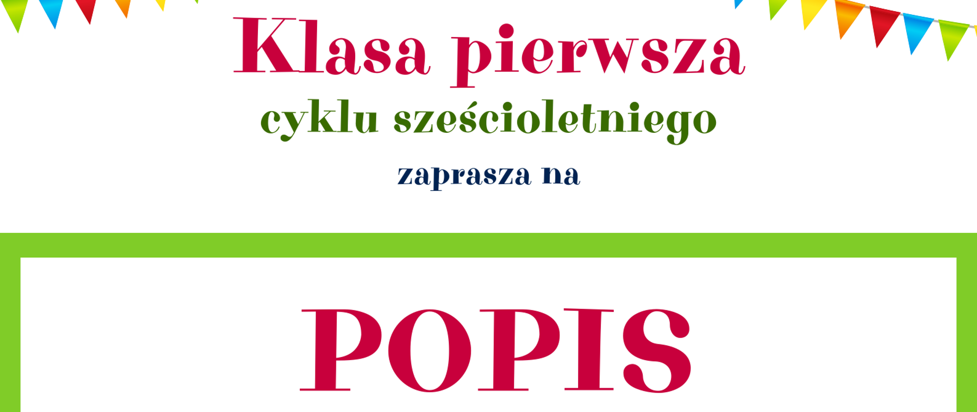 Biało-zielony plakat popisu klasy I cyklu sześcioletniego - 6 czerwca 2023 z elementami graficznymi dzieci grających na instrumentach