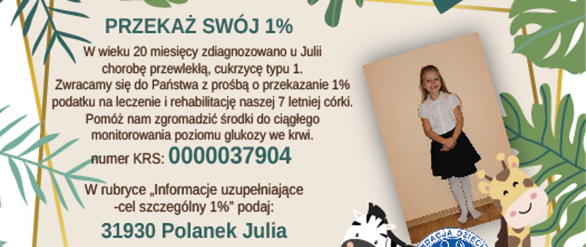Ulotka z informacjami dotyczącymi pomocy finansowej dla córki strażaka. Na zdjęciu dziewczynka w białej bluzce i czarnej spódniczce. 