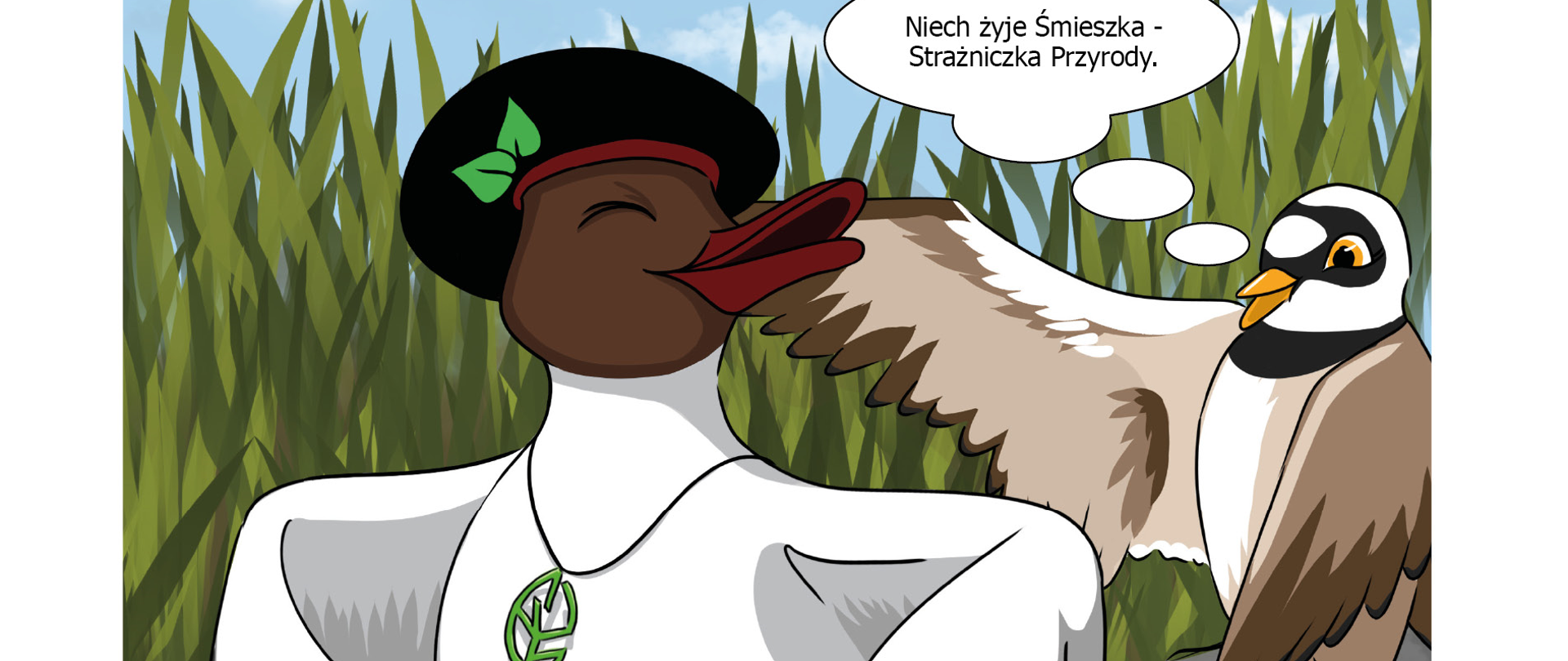 Dumny ptak z czapką na głowie i wisiorkiem, z tyłu drugi chwalący pierszego